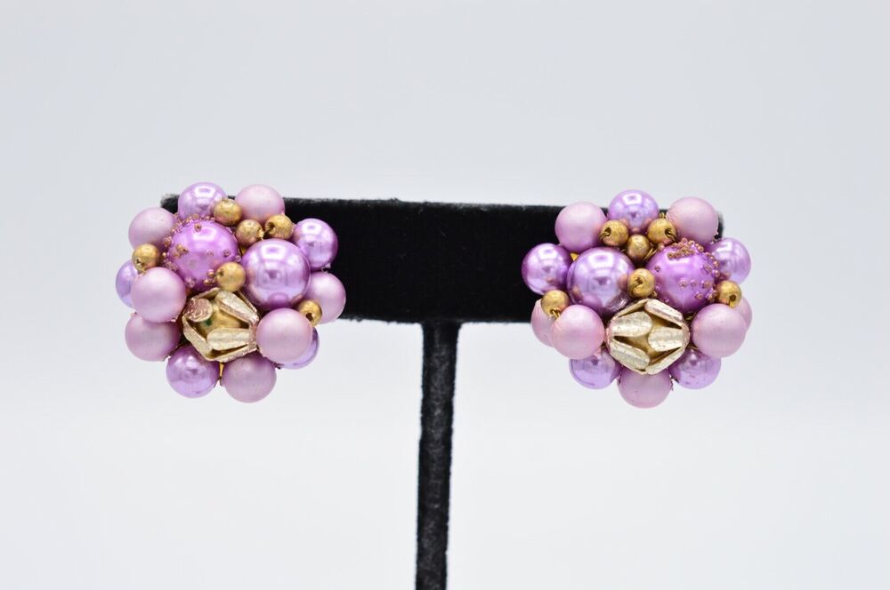 Japan Vintage Clip Earrings Purple Beaded Cluster Chunky Signed 40s BinAE